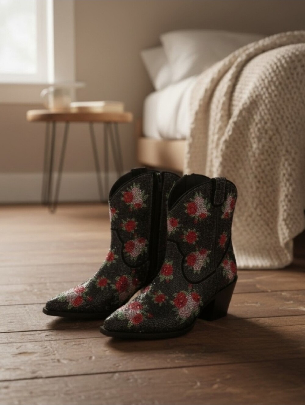 Wild Pair Black Floral Crystal Western Ankle Boot